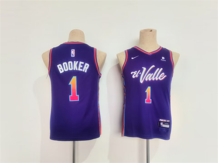 Youth Phoenix Suns #1 Devin Booker Purple City Edition Stitched Basketball Jersey